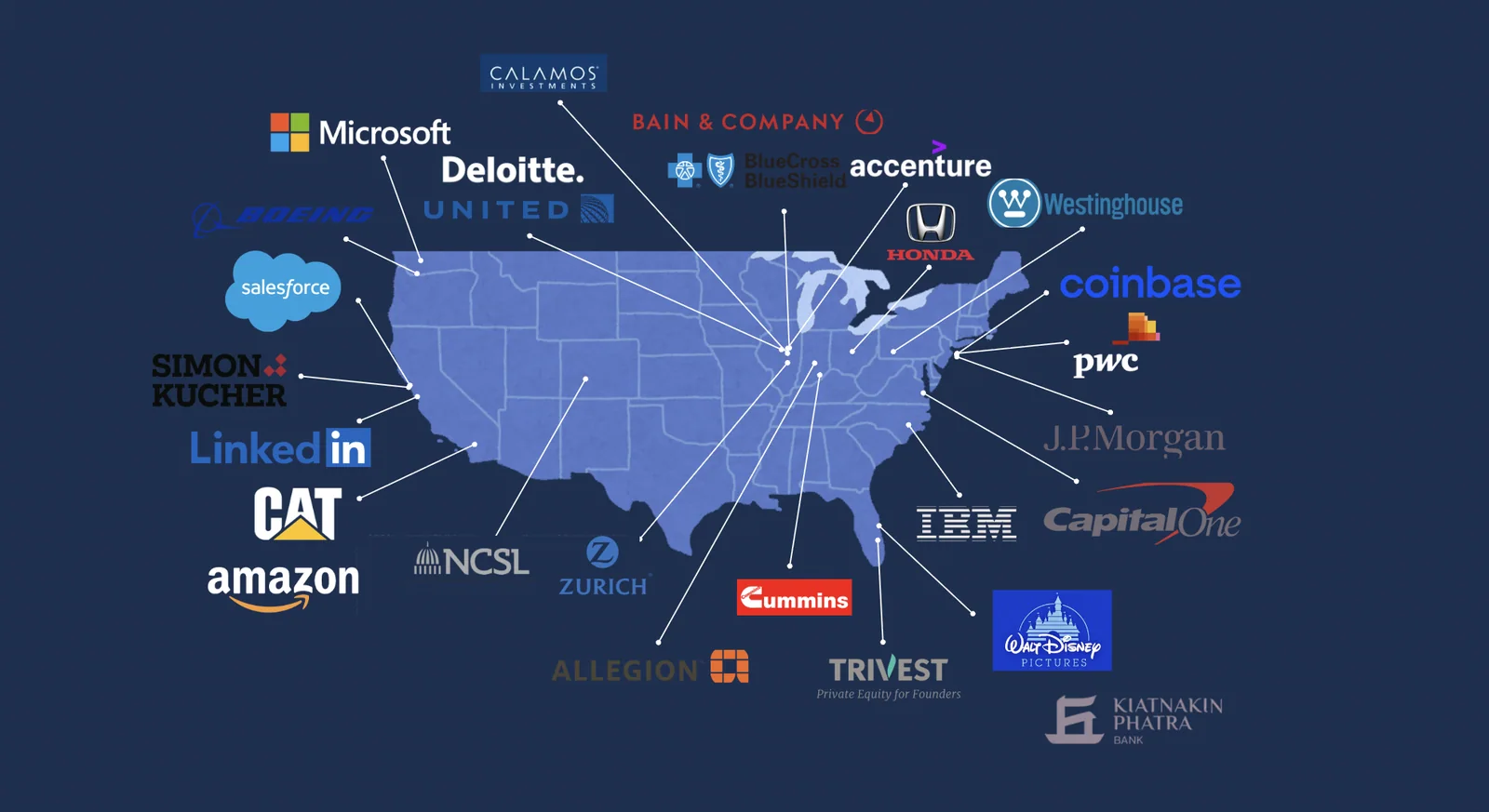 Map of where PurdueTHINK members and alumni intern and work